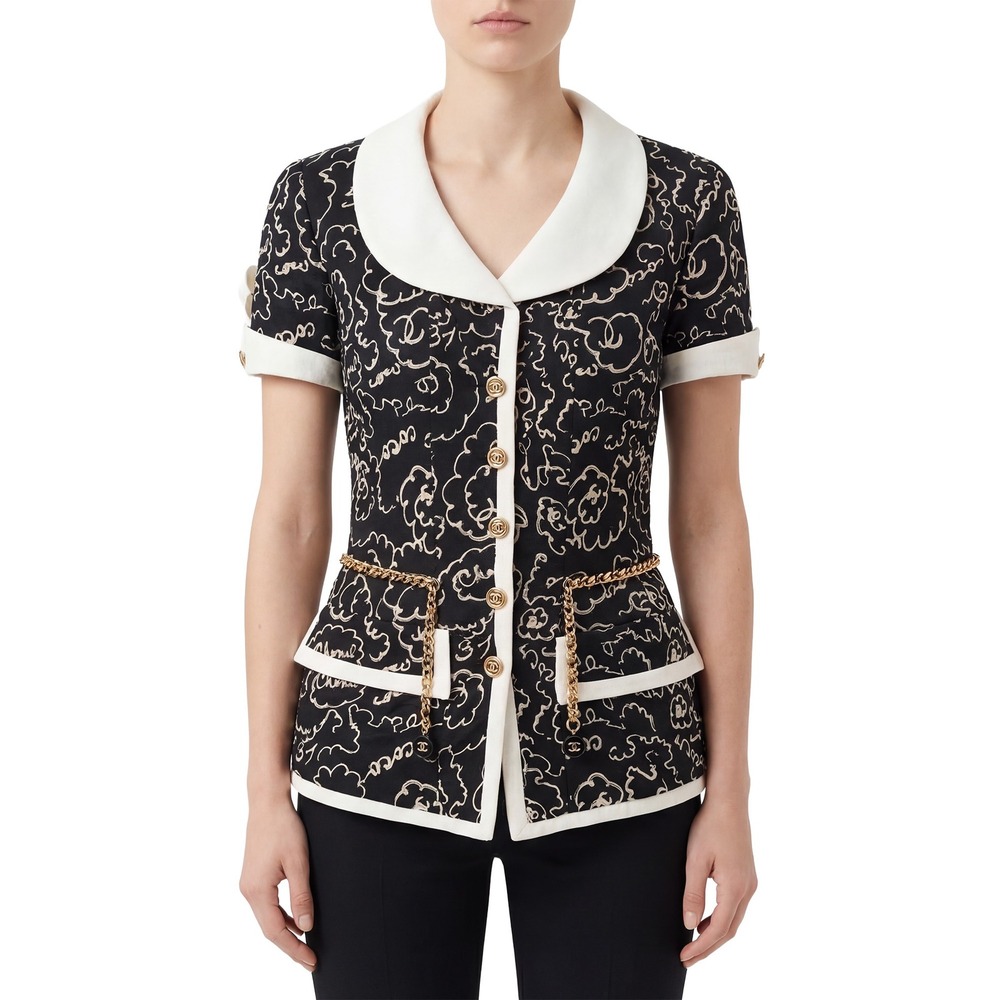 Vintage Chanel 90s Circa Black & White Scribble Floral Jacket - Size FR 42 US 10